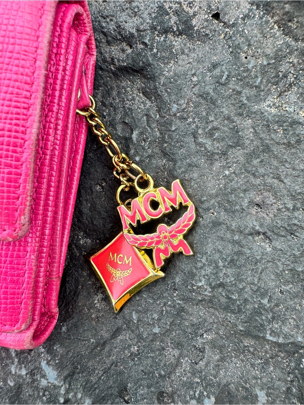 MCM Hot Pink Leather Trifold Wallet Charm Detail with COA - Picture 5 of 16
